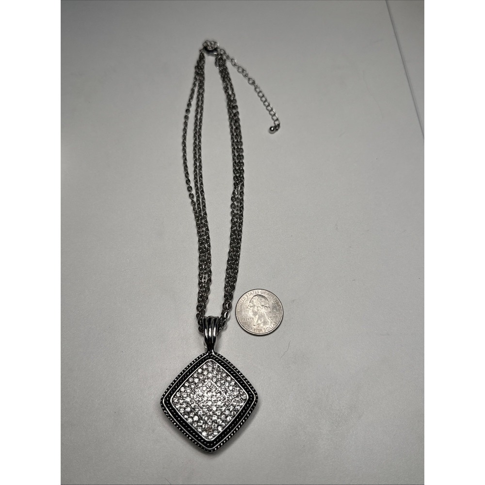 Vintage Premier Designs Double Sided Crystal Pendant Silver Plated Necklace 16"